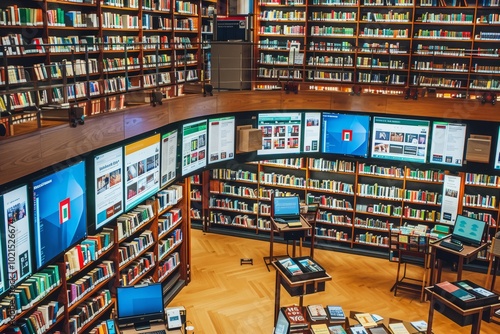 A library filled with books and digital screens accessing online resources