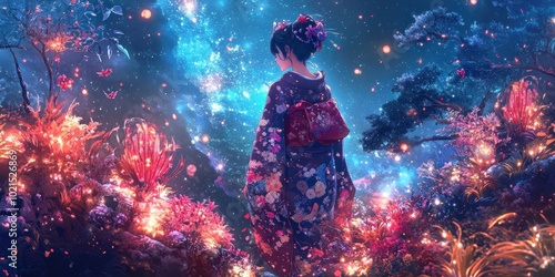 A woman in a kimono stands in a magical forest.