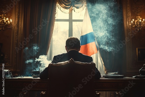 Rear view of powerful figure of Russian politician in grand office bathed in dramatic light, with national flag and opulent decor symbolizing authority and power of Russia photo