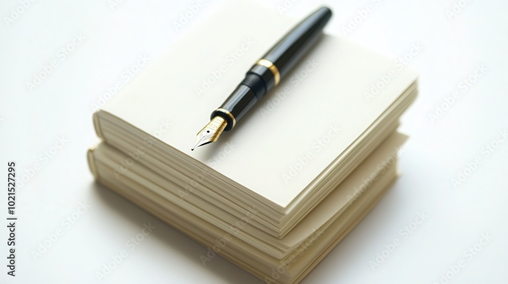 stack of blank journals and a fountain pen placed neatly on top, resting on a white background stack of blank journals and a fountain pen placed neatly on top, resting on a white background