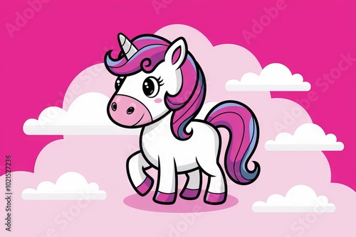 Cute unicorn cartoon. Adorable cartoon unicorn with pink mane and tail, standing in front of clouds. Magical and dreamy.