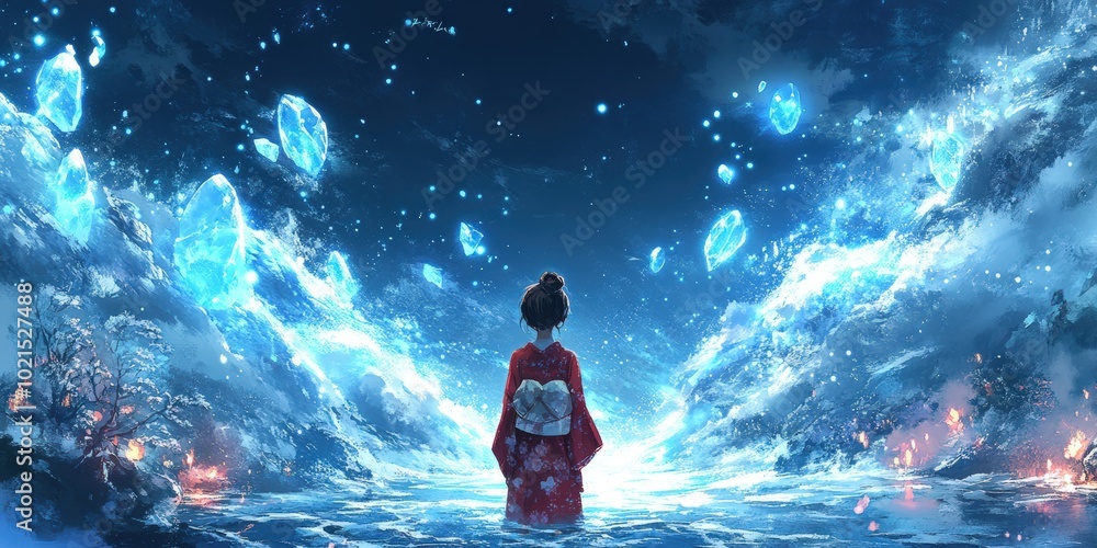 Fototapeta premium Woman in red kimono gazes at blue crystals.