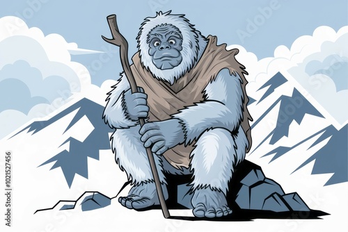 Yeti mountain dweller. A large, furry Yeti sits on a rock with a wooden stick in hand, overlooking a snowy mountainous terrain.