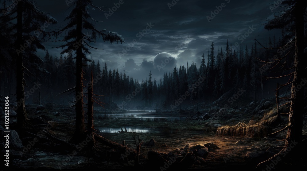 A dark mysterious ominous night forest. swampy area. creepy landscape A dark mysterious ominous night forest. swampy area. creepy landscape