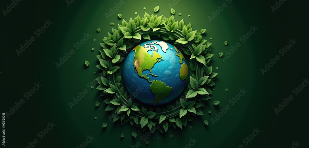A vibrant globe surrounded by lush green leaves, symbolizing sustainability and environmental protection. Ideal for ecological and educational projects. A vibrant globe surrounded by lush green leaves, symbolizing sustainability and environmental protection. Ideal for ecological and educational projects.
