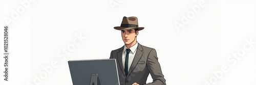 A stylish businessman in a fedora working on a computer, embodying professionalism and sophistication in a modern office setting.