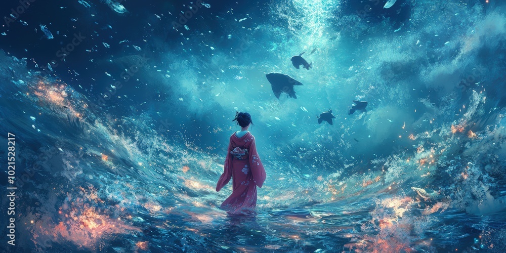 Fototapeta premium Woman in red kimono stands in swirling water.