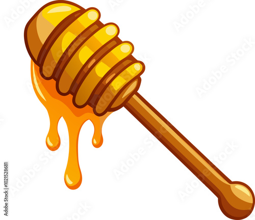 Vector illustration of a bee wooden honey spoon with a drop of liquid, cartoon-style honey dipper dripping with golden honey, outline, and icon.