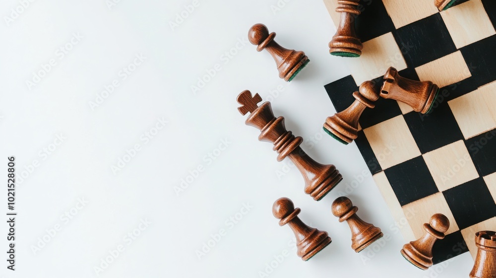 chessboard with a few scattered chess pieces, all against a white background chessboard with a few scattered chess pieces, all against a white background