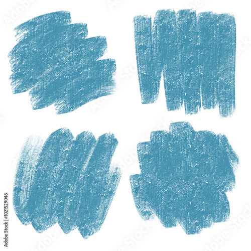 Multiple blue chalk strokes with unique textured patterns on a transparent background, painted creative element for design.