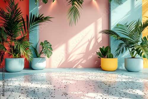 Vibrant Tropical Indoor Scene with Colorful Pots photo