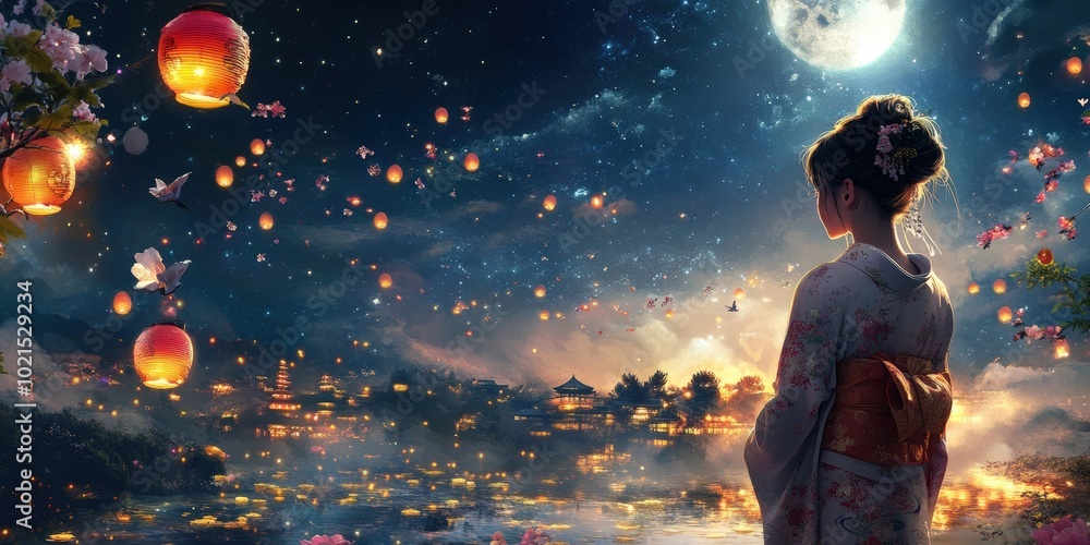 Naklejka premium A woman in a kimono watches lanterns float over a