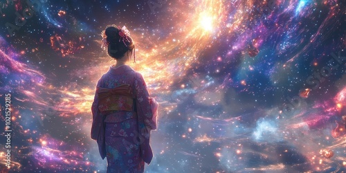 Woman in kimono gazing at a galaxy.