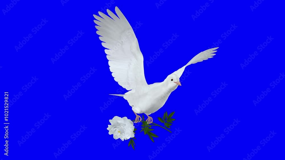 White Dove Bird with White Peony Flower - Flying Loop - Front Side Angle CU - Blue Screen - 4K UHD 3D animation of romantic pigeon bird bringing blooming blossom isolated on chroma key background White Dove Bird with White Peony Flower - Flying Loop - Front Side Angle CU - Blue Screen - 4K UHD 3D animation of romantic pigeon bird bringing blooming blossom isolated on chroma key background