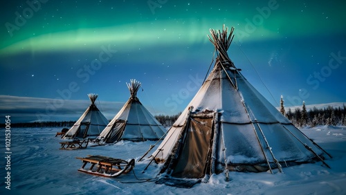 Evenki people gather under northern lights, surrounded by reindeer. Traditional nomadic lifestyle displayed under Arctic sky, reflecting resilience, cultural pride, and deep heritage. Northern concept photo