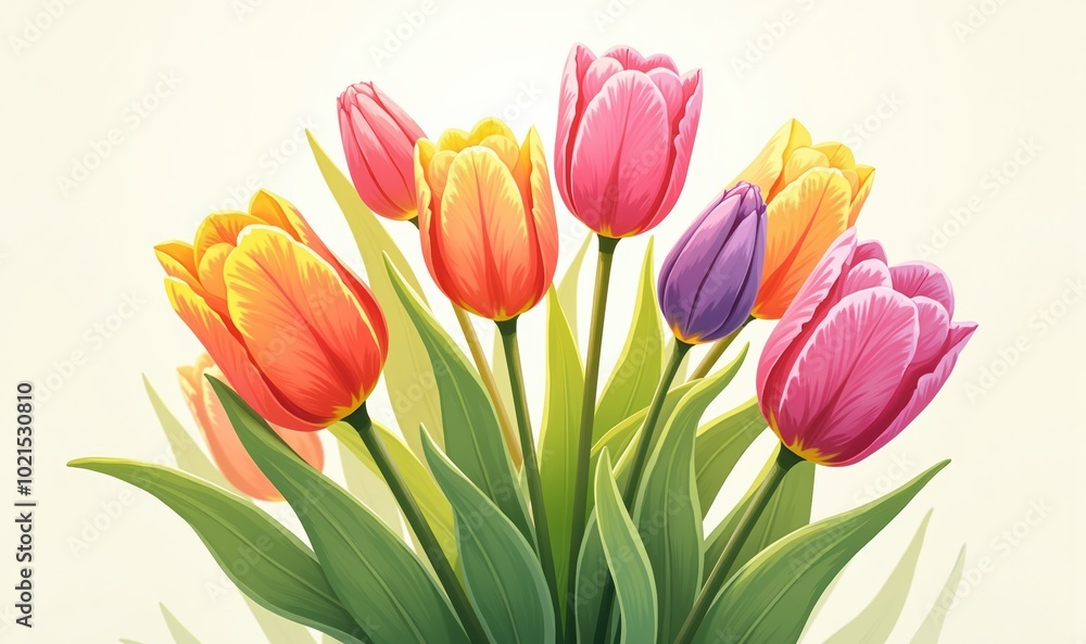 A vibrant bouquet of tulips in various colors, perfect for seasonal promotions, floral designs, or nature themed projects. A vibrant bouquet of tulips in various colors, perfect for seasonal promotions, floral designs, or nature themed projects.