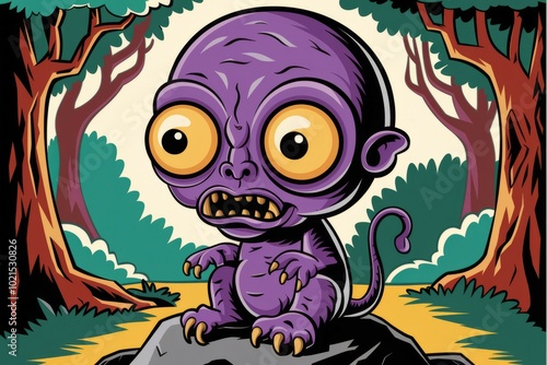 Monster in woods. A purple monster with large eyes and a toothy grin sits on a rock in the forest, creating an eerie and humorous atmosphere.