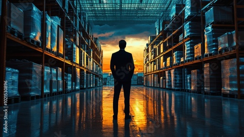 Businessman Silhouette in Warehouse at Sunset