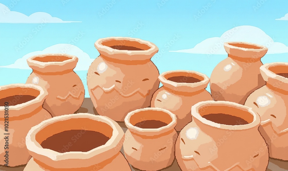 A vibrant collection of clay pots under a blue sky, showcasing traditional craftsmanship and artistic design, perfect for cultural and artisanal themes.