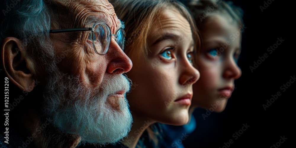Naklejka premium Profile of three generations a grandfather, child, and grandchild gazing into the distance with focused expressions, symbolizing family, legacy, and the passage of time
