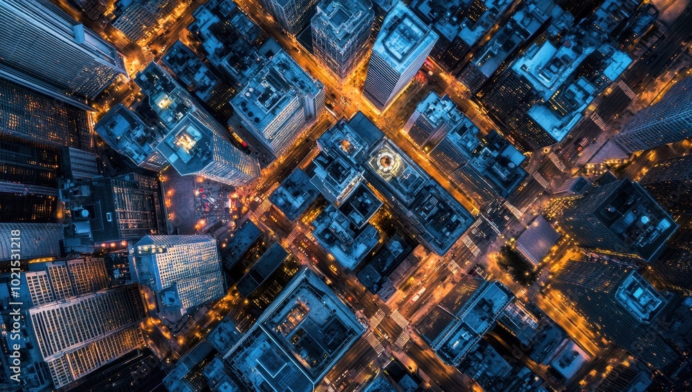 Aerial view of a cityscape at night, showing the layout and architecture of buildings in an urban setting The photo is taken from above with a drone camera Generative AI Aerial view of a cityscape at night, showing the layout and architecture of buildings in an urban setting The photo is taken from above with a drone camera Generative AI