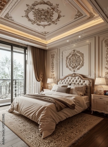 Luxury Bedroom Interior Design with Ornate Ceiling photo