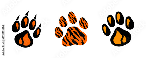 Wildlife, tiger paw prints. Paw prints set. World tiger day. Vector animal prints silhouette, isolated illustration for animal protection theme, homeless animal shelters. World wildlife day.