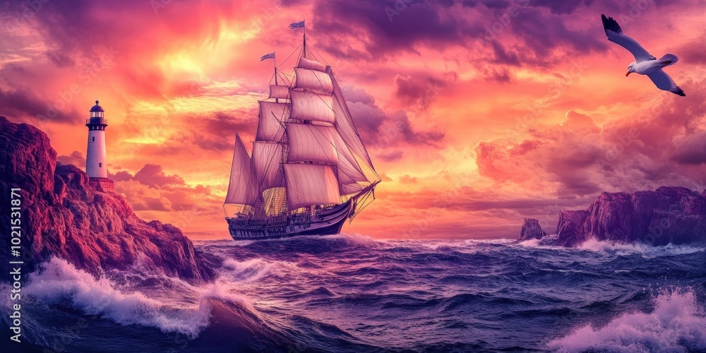 Fototapeta premium Lighthouse, ship, seagull, sunset, ocean waves.