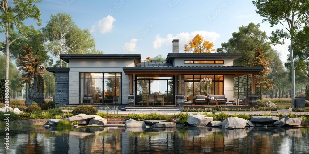 Modern Lakeside House Design Illustration Modern Lakeside House Design Illustration