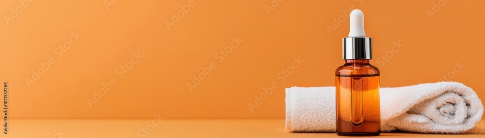 Spa environment with soothing colors, a bottle of serum placed next to a rolled towel, minimalist and clean design serum, facial spa, minimalist luxury Spa environment with soothing colors, a bottle of serum placed next to a rolled towel, minimalist and clean design serum, facial spa, minimalist luxury