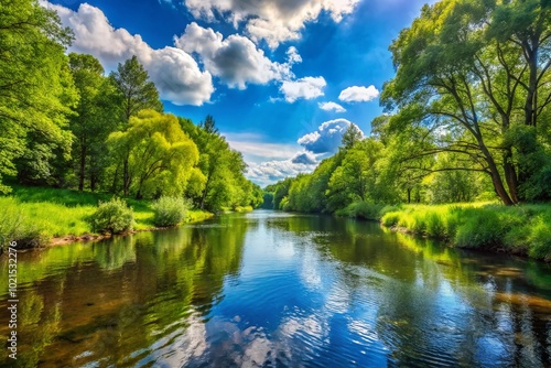 Serene River Flowing Through Lush Green Forest Under Bright Blue Sky on a Sunny Day in Nature