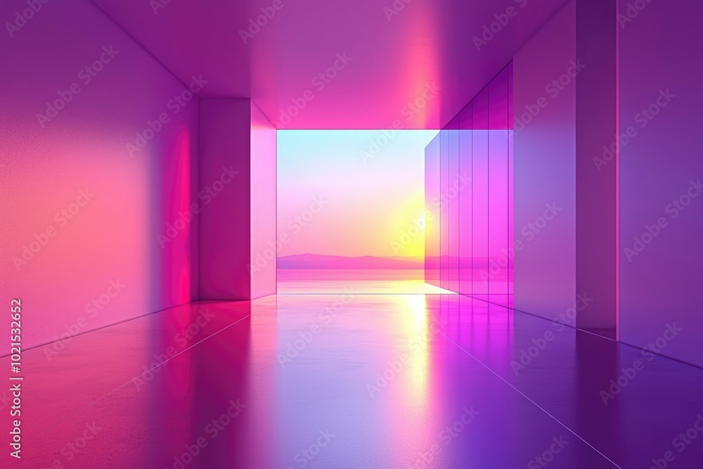 A Modern Room with a Window View of a Sunset over Water A Modern Room with a Window View of a Sunset over Water