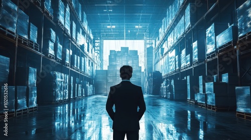 Businessman in Warehouse with Blue Light Silhouette