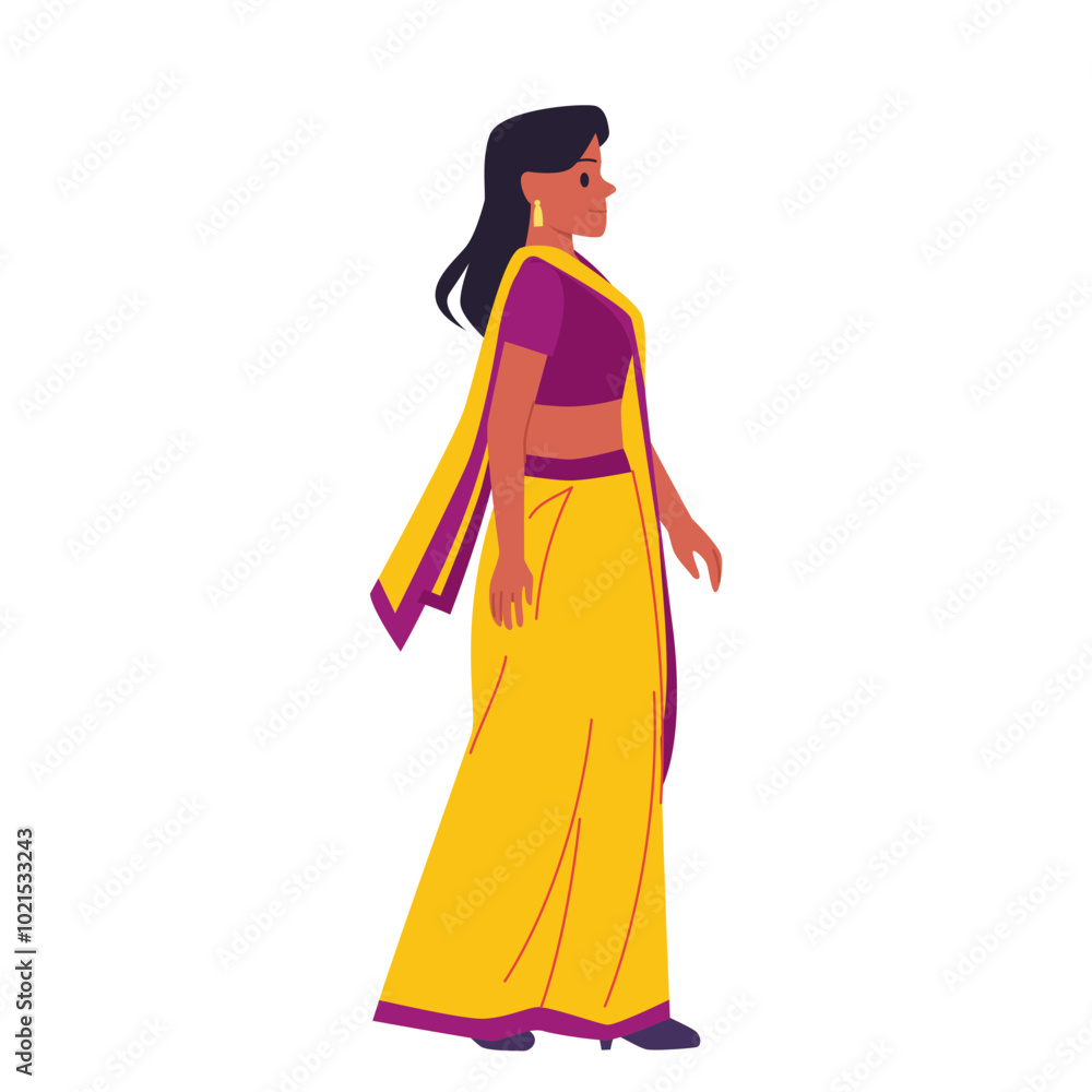 Pretty confident female character in traditional clothes walking cartoon vector illustration. Happy girl in yellow silk saree greeting Pretty confident female character in traditional clothes walking cartoon vector illustration. Happy girl in yellow silk saree greeting