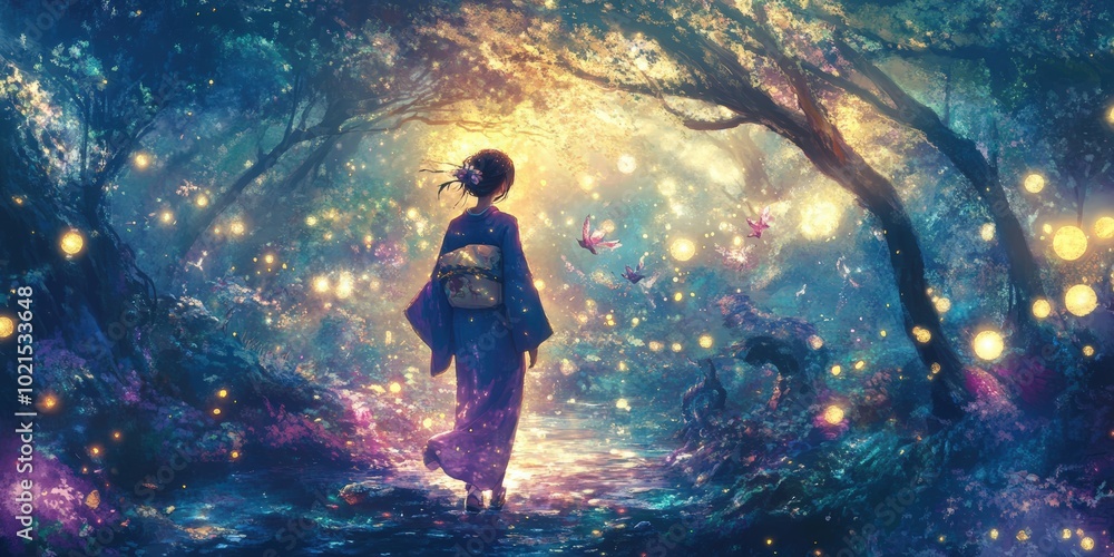 Woman in kimono walks through magical forest. Woman in kimono walks through magical forest.