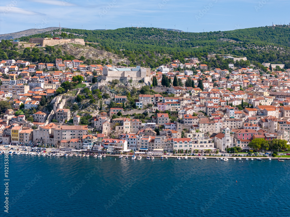 Aerial drone photo of the coastal town and city center of Sibenik in Croatia. Aerial drone photo of the coastal town and city center of Sibenik in Croatia.