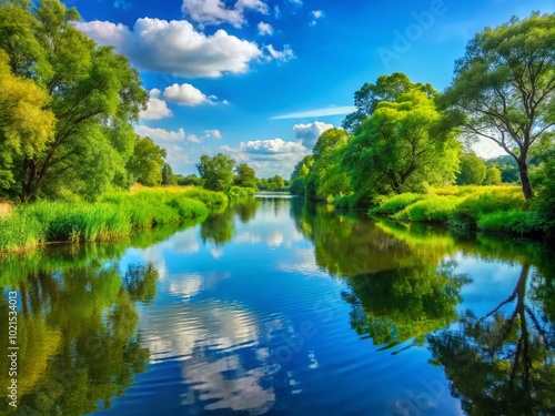 Serene Waterway with Lush Greenery and Reflections Under a Clear Blue Sky in a Peaceful Landscape