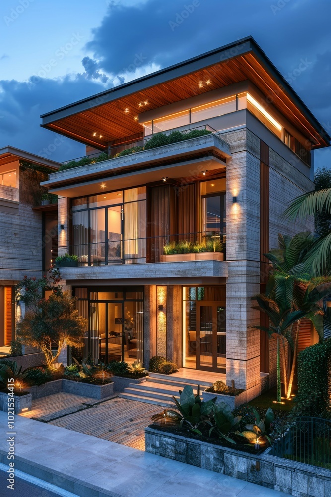 Fototapeta premium Modern Exterior of a Luxurious House at Dusk