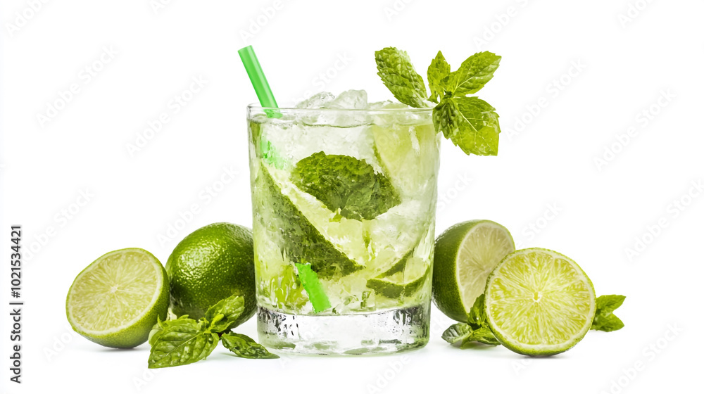 Refreshing mint and lime cocktail served over ice with fresh ingredients on a clean background Refreshing mint and lime cocktail served over ice with fresh ingredients on a clean background