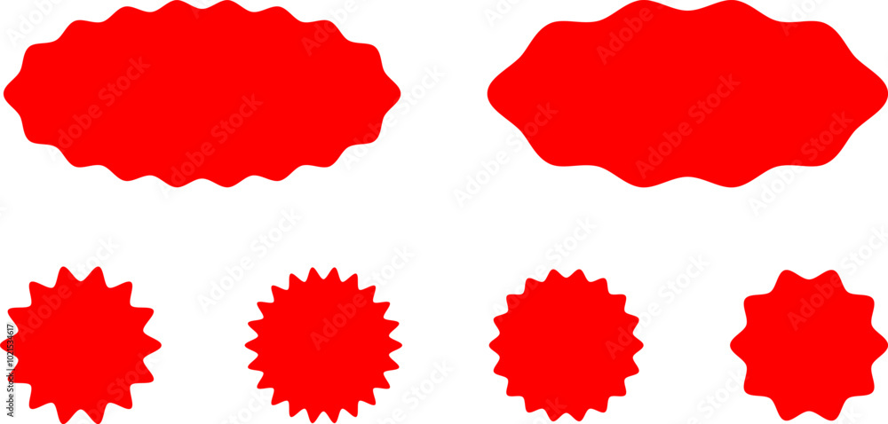 Starburst red sticker set - collection of special offer sale oval and round shaped sunburst labels and badges. Promo stickers with star edges. Vector. Starburst red sticker set - collection of special offer sale oval and round shaped sunburst labels and badges. Promo stickers with star edges. Vector.