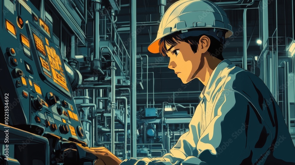 Night Shift Engineer in Anime Vector Style - Minimalist Industrial Service Illustration
