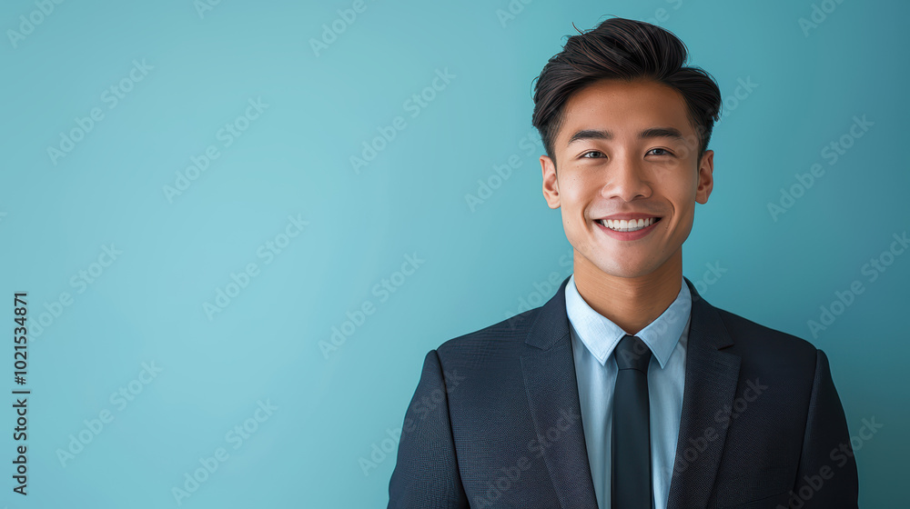 Confident and Successful: A portrait of a young businessman, radiating confidence and success, captured against a vibrant blue background. Confident and Successful: A portrait of a young businessman, radiating confidence and success, captured against a vibrant blue background.