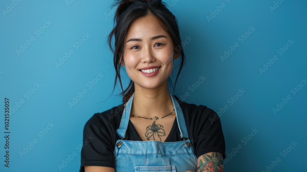 Confident and Creative: A young woman with a vibrant personality and a confident smile, wearing a denim apron against a bright blue backdrop. Her tattoos add a touch of individuality and style. Confident and Creative: A young woman with a vibrant personality and a confident smile, wearing a denim apron against a bright blue backdrop. Her tattoos add a touch of individuality and style.