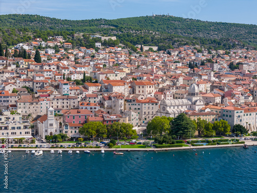 Aerial drone photo of the coastal town and city center of Sibenik in Croatia.