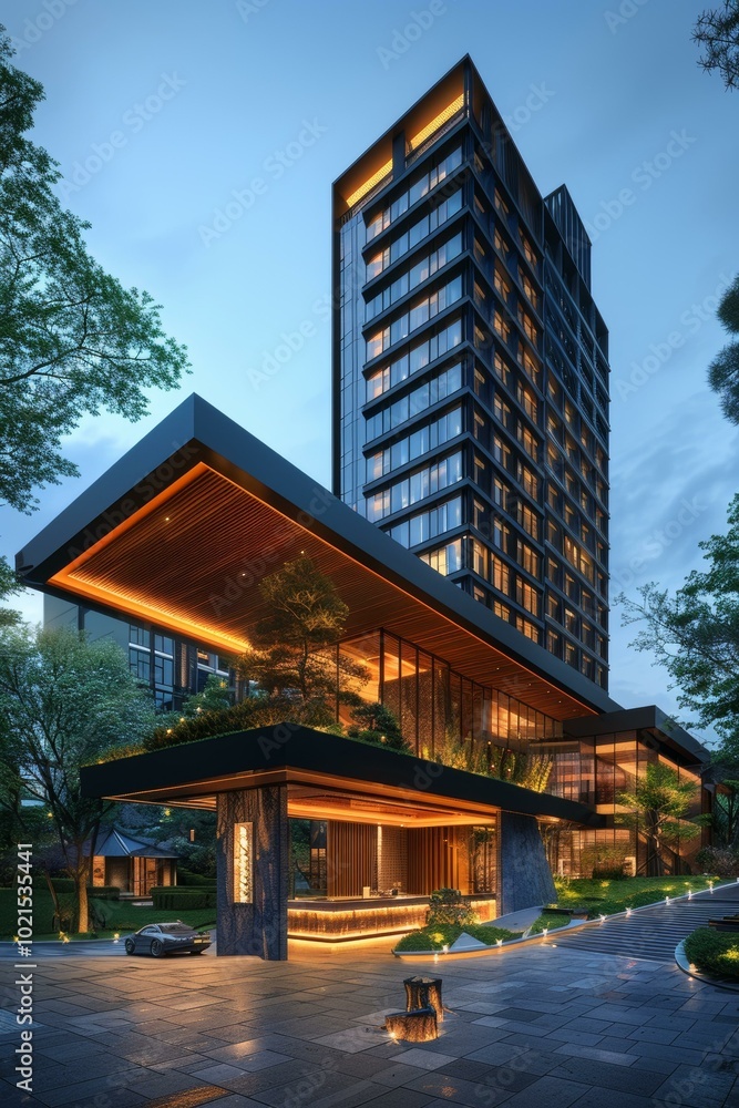 Modern Architectural Design of a Hotel at Twilight Modern Architectural Design of a Hotel at Twilight