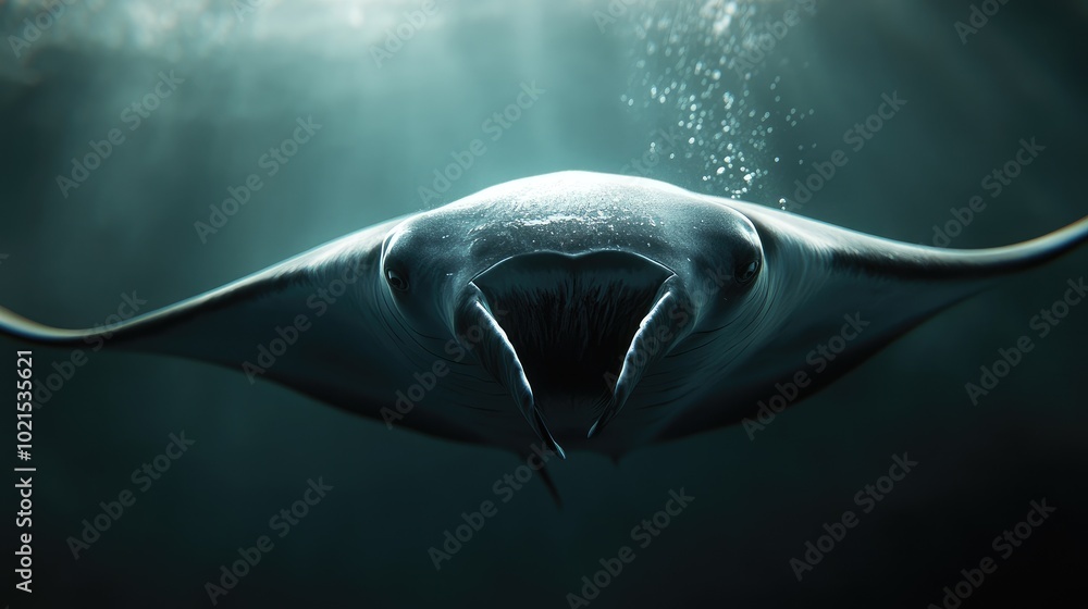 Fototapeta premium Close-up of a manta rayas eye and gills as it swims gracefully through the water, its smooth body in focus.