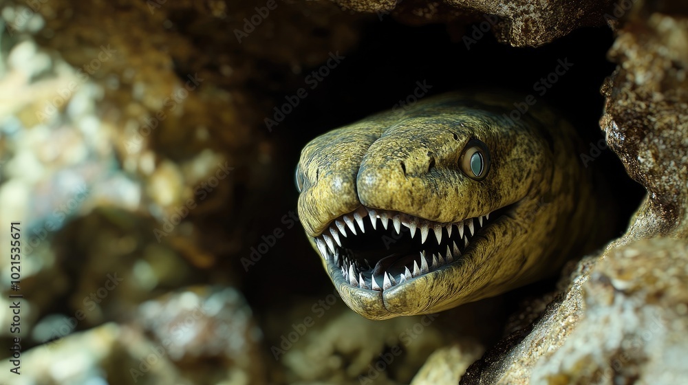 Close-up of a moray eel peeking out of a rocky crevice, its sharp teeth and smooth, green body in vivid detail. Close-up of a moray eel peeking out of a rocky crevice, its sharp teeth and smooth, green body in vivid detail.