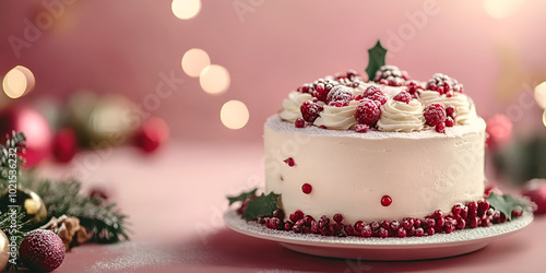 Holiday Celebration Cake with Berries and Pine