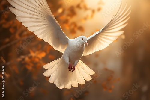 A graceful white dove captured in mid-flight with soft glowing light and warm autumn tones in the background. Ideal for themes of peace, freedom, spirituality, and nature. photo