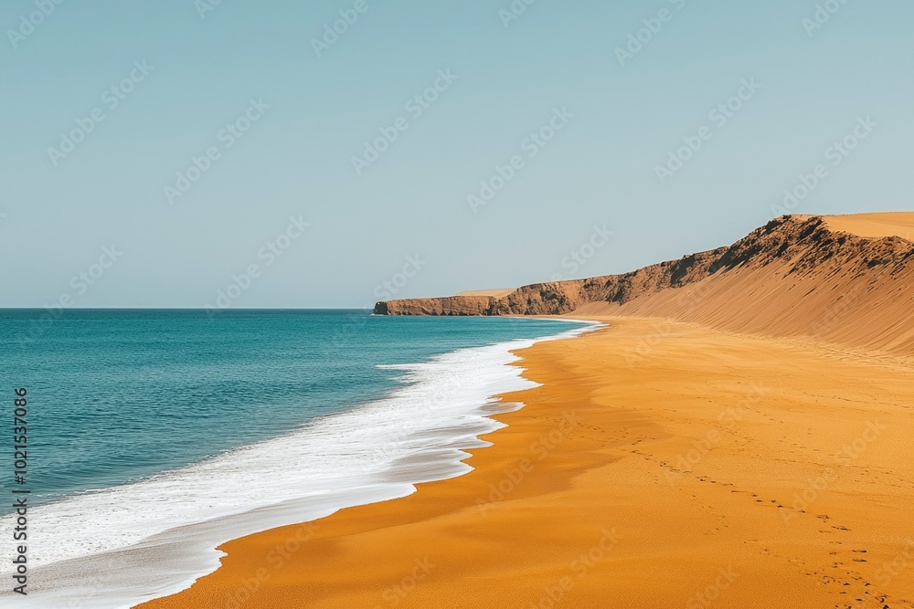 Sandy Beach with Foamy Waves and a Cliff in the Distance Sandy Beach with Foamy Waves and a Cliff in the Distance